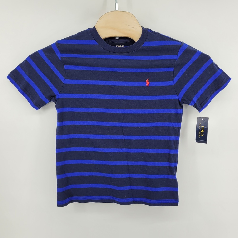 Polo Ralph Lauren T Shirt Boys Medium (10-12) Blue Striped Pony Logo Cotton Boys